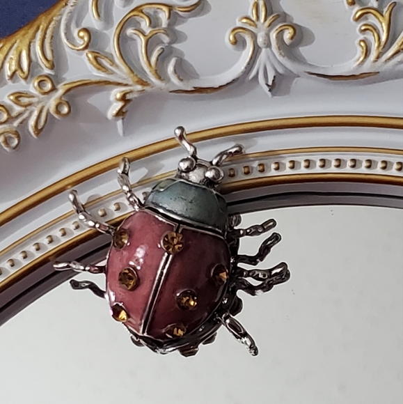Ladybug dome brooch pin enamel crystals silver sparkly New vtg style - Picture 1 of 15